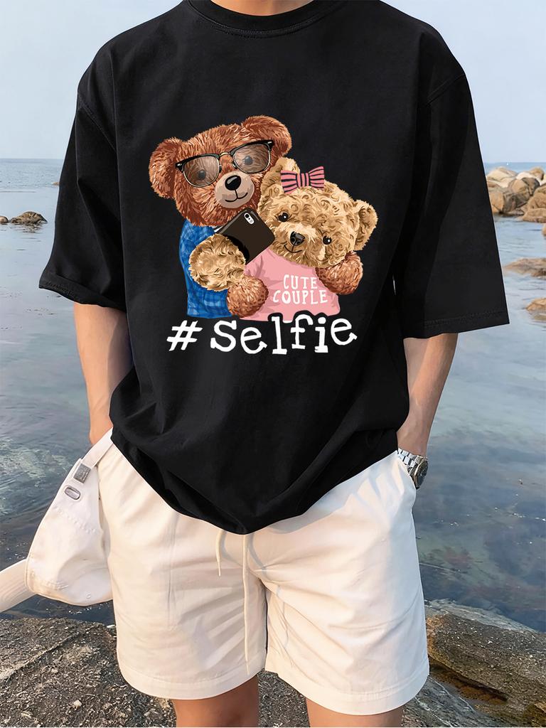 Cute Couple Bears Selfie Printing TShirts Womens Summer Cotton Short Sleeve Tees Loose ONeck Comfortable Tops Casual Clothes