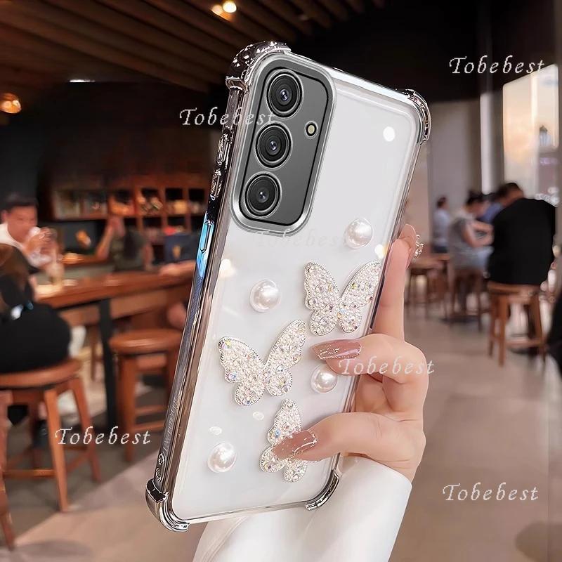 Custodia 3D Placcata Antiurto con Farfalla di Perle per Samsung Galaxy A04 A04S A04E A03 A03S A02 A02S A20 A30 A50 A70 A10S A20S Cover
