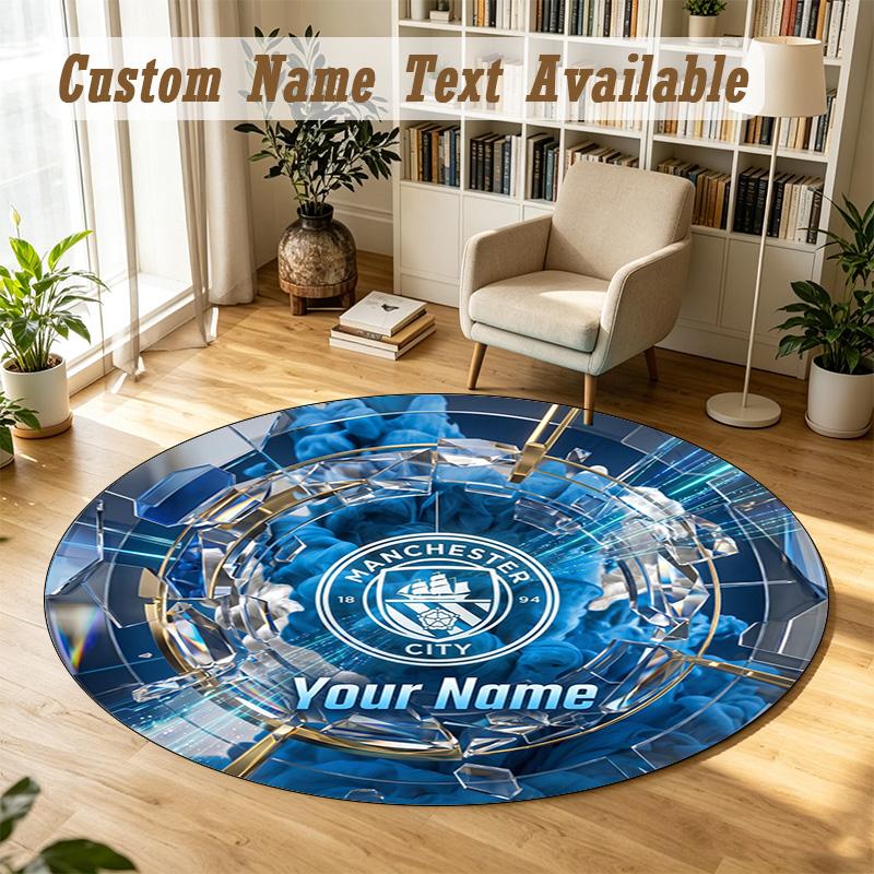 Round Rug Custom NameManchester City Pattern Non Slip Carpet Home Floor Decor