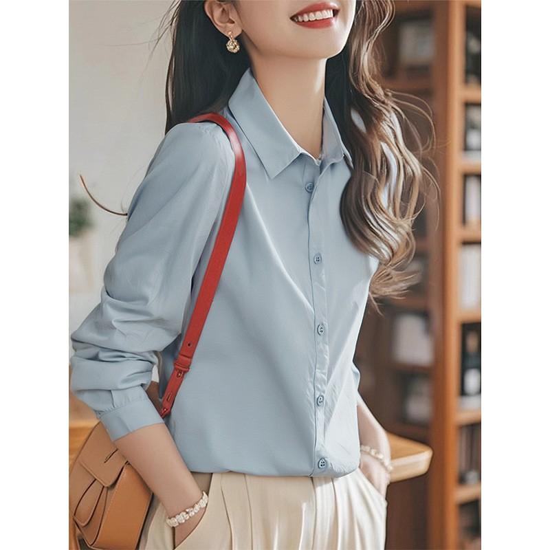 Womens Long Sleeve Cotton Shirt White Blue Pink Yellow Beige Camel Slim Fit Office Work Blouse Professional