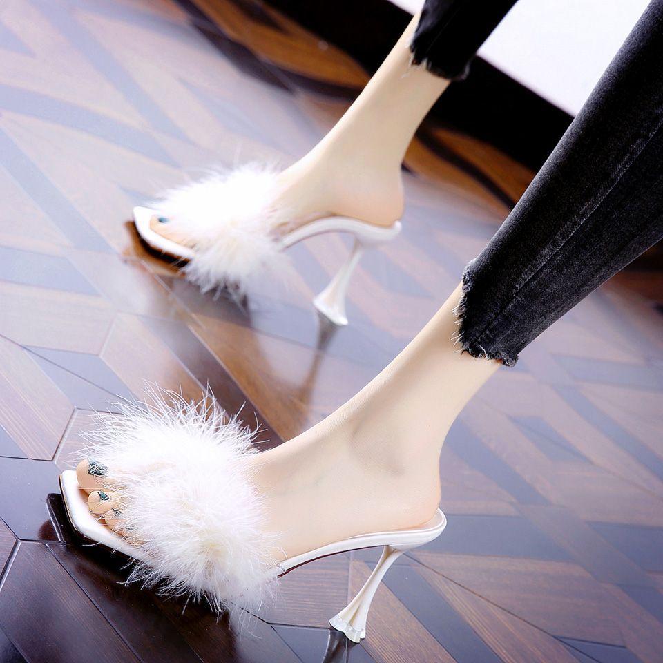 Wear Thin Heels Square Head Cool Slippers Women's 2025 Summer New Korean Version Fashion Fluffy Open-toed One-word High Heels