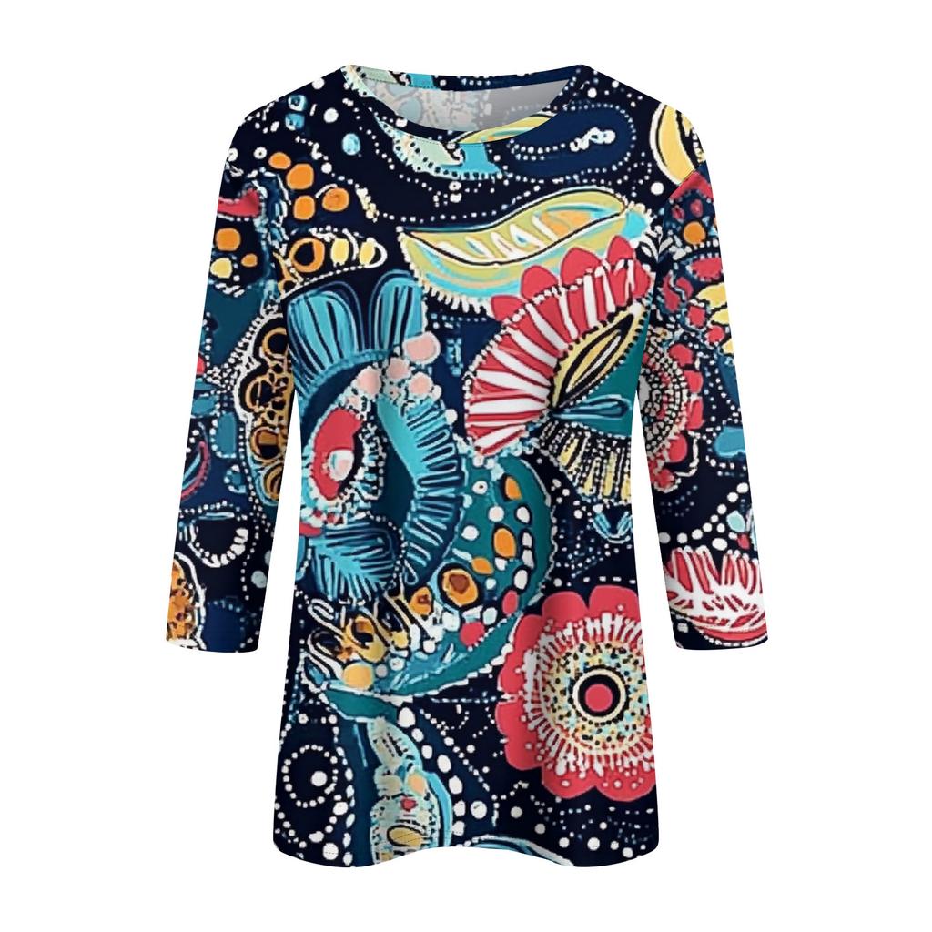 Ladies' Fashionable Casual Seven Quarter Sleeve Fashionable Printed Pullover Top