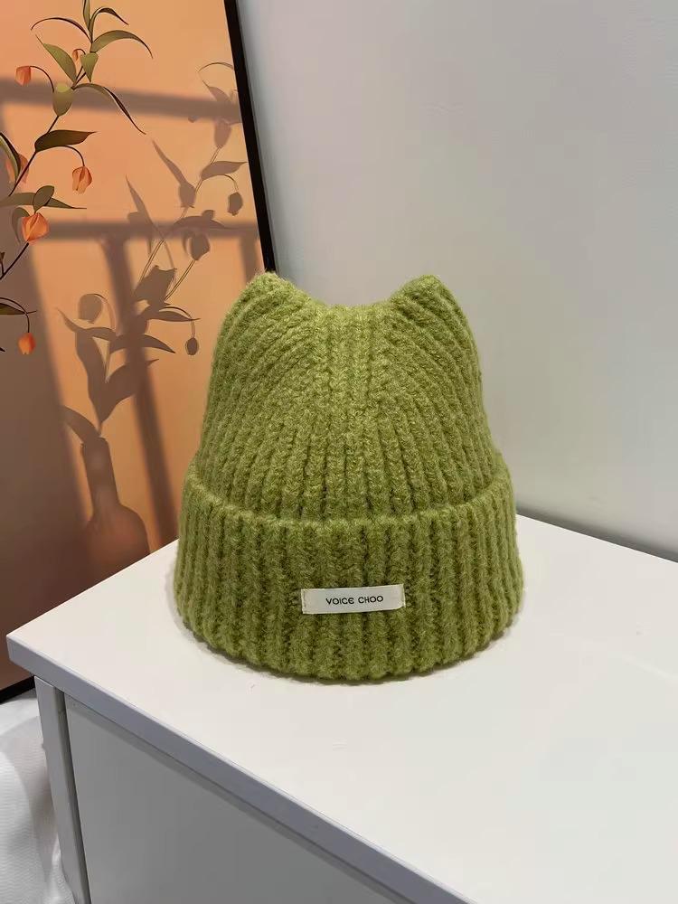 

2025 Женская милая японская вязаная шапка с кошачьими ушками - Милая, Шерстяная, Защищающая от холода для осени/зимы