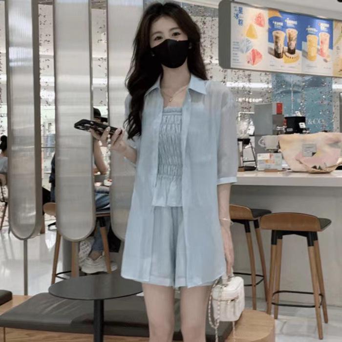 

Spring & Summer Slim Fit Petite Fashion Sun Protection Shirt, Camisole & Shorts Set for Women Medium