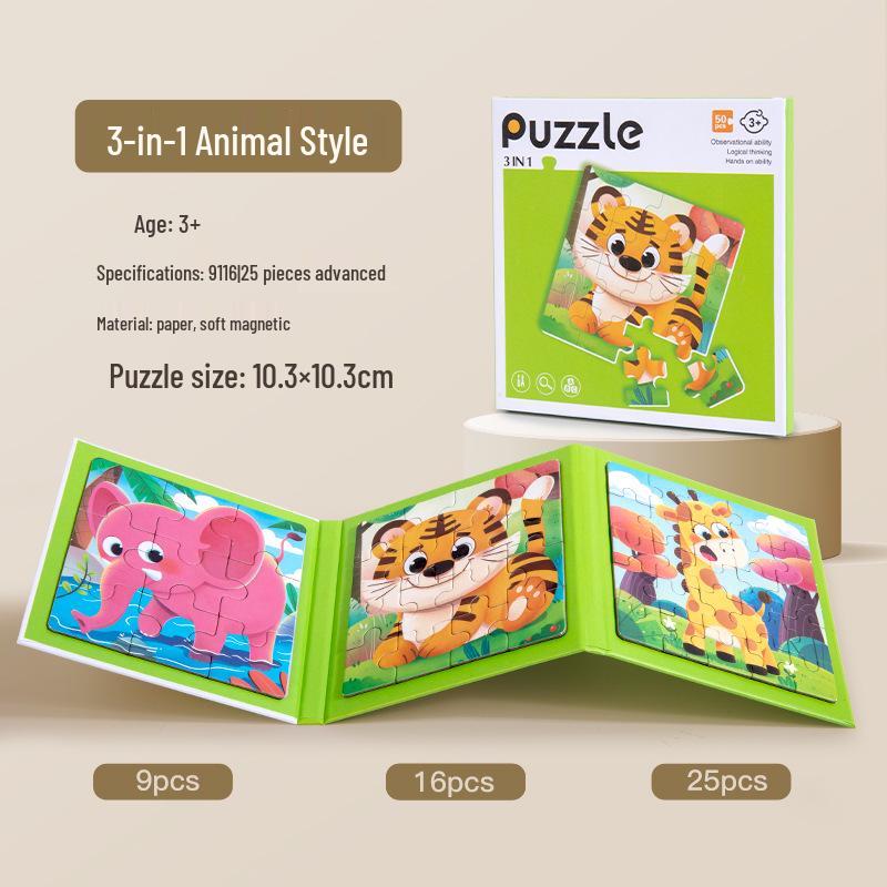 

Детская магнитная складная книга-пазл 3-в-1: Игрушка для развития познавательных способностей «Животные и транспорт»