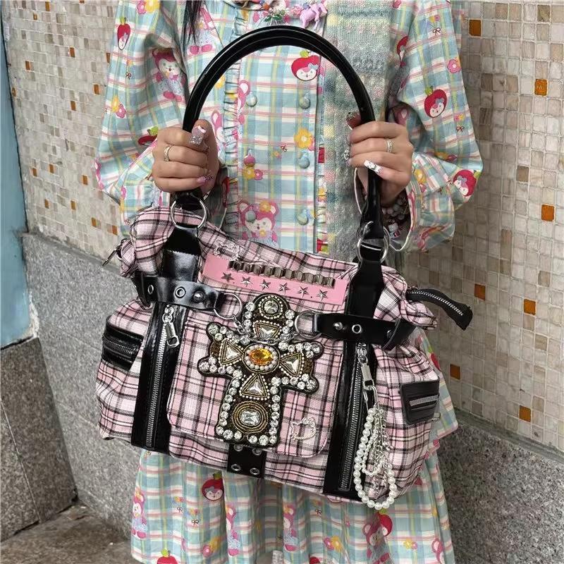 Borse da Donna Moda Y2k Nuova Originale Estetica Cartella a Quadri Tela Borsa a Spalla di Grande Capacità Carina Borsa a Shopper Ragazza Harajuku