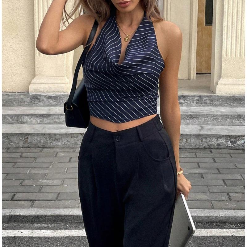 Damen Sommer Halter Neck Schalkragen Streifen Ärmellos Schlank Geschnitten Cropped Lässiges Tanktop