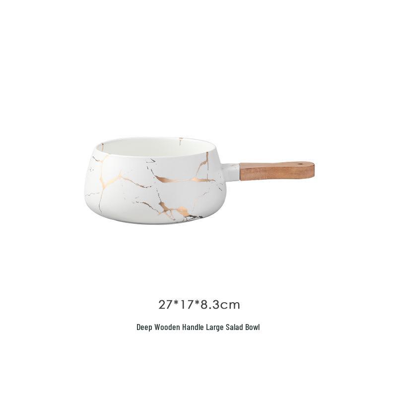 Nordische Minimalistische Keramikschüssel mit Marmormuster und Holzgriff