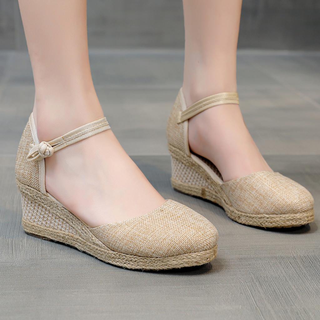Womens Sandalias Wedges Comfortable Pointed Hemp Rope Weaving Casual Shoes