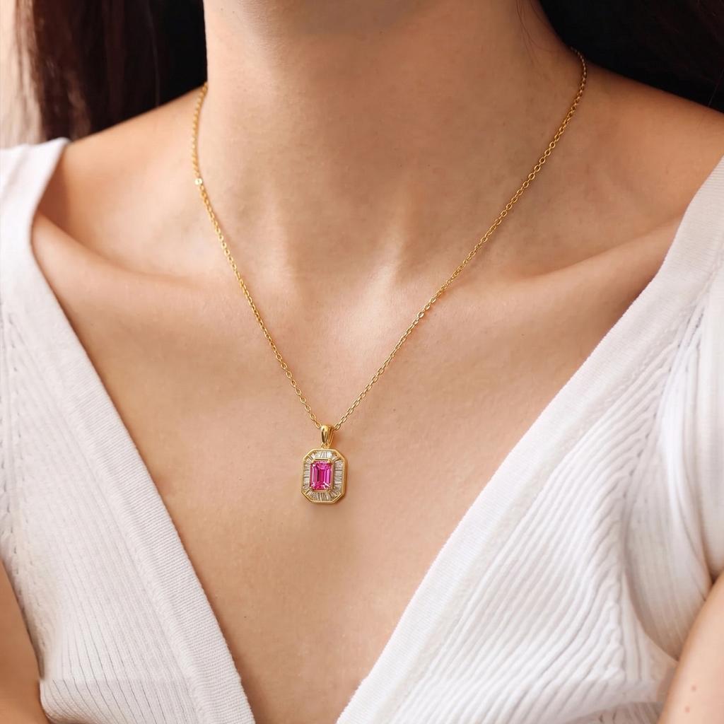 Hot Selling pink Laboratory Cultivated diamond S925 Silver Necklace Women's Gold Rectangular Pendant Jewelry Gift