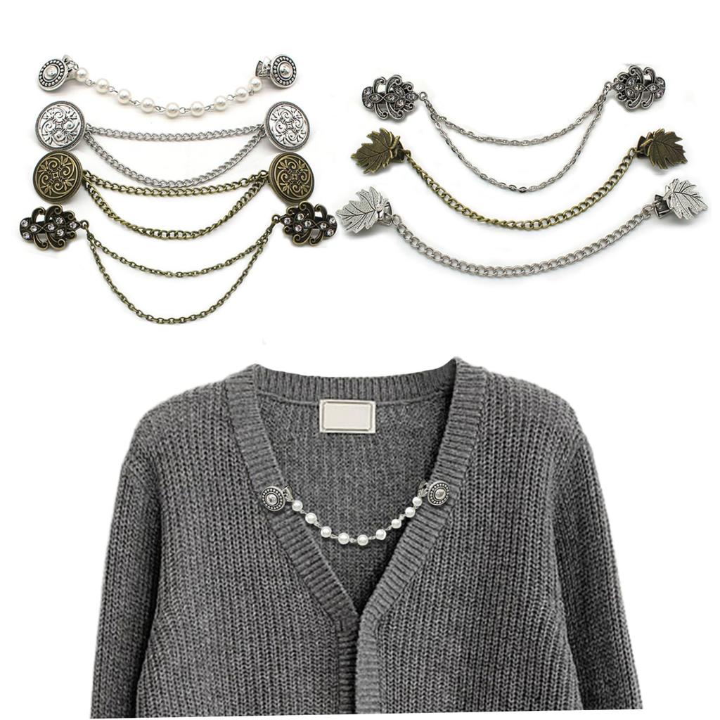 Vintage Sweater Clips - Elegant Anti-Leakage Cardigan Clasps, Retro Scarf Brooch Pins Cardigan Clip with Chains