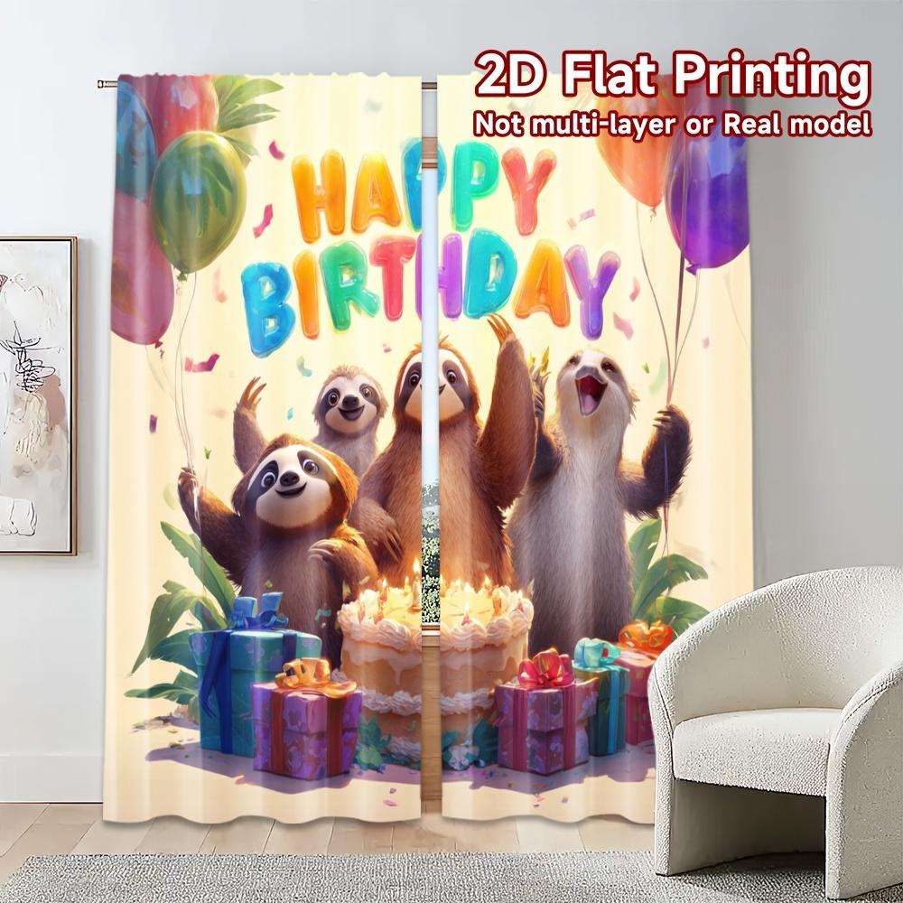 2pcs, 2D FLAT PRINTING Curtains (Without Rod) Sloth Celebration(2) Print Popular Curtains Polyester Easy Install Curtains