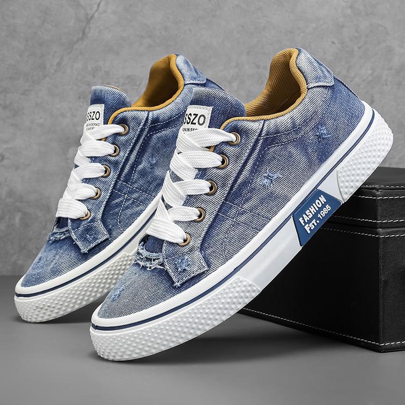 

Men s Denim Sneakers Distressed Lace-Up Casual Shoes with Retro Patch Detail 48 синій