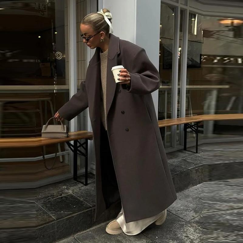 Brown Lapel Woolen Coat Synthetic Fabric Women's Double Breasted Long Sleeve Warm Coat Straight Tube Version Autumn and Winter