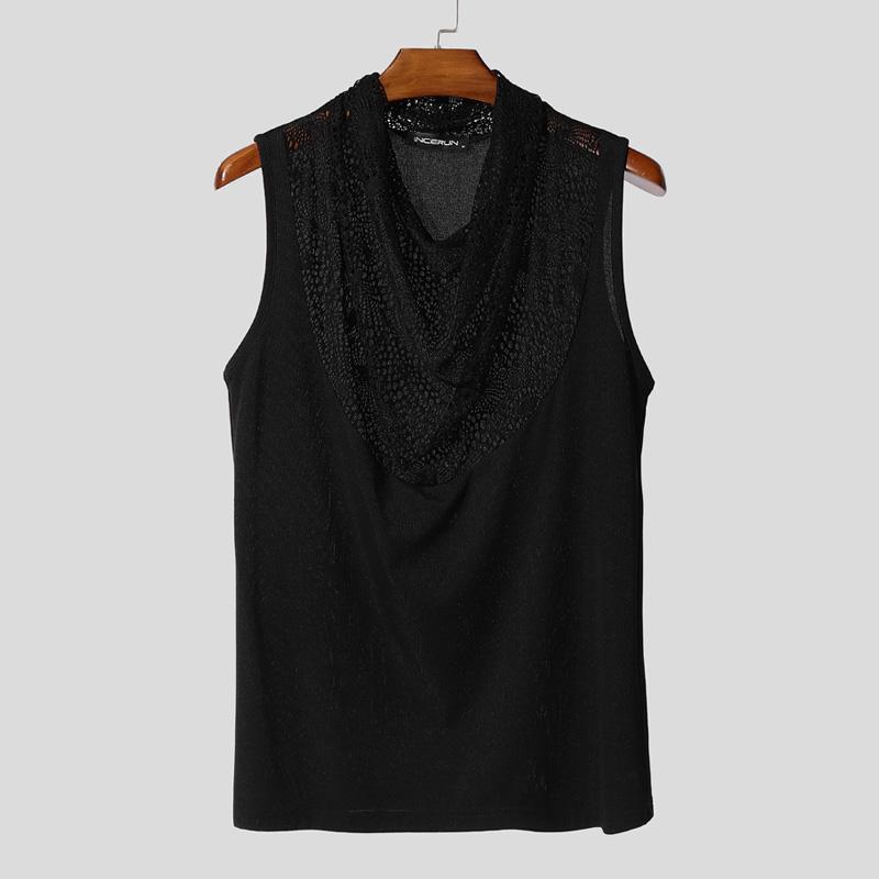 

INCERUN Men Swing Collar Sleeveless Hollow Crochet Patchwork Semi-Sheer Tank Tops 4XL