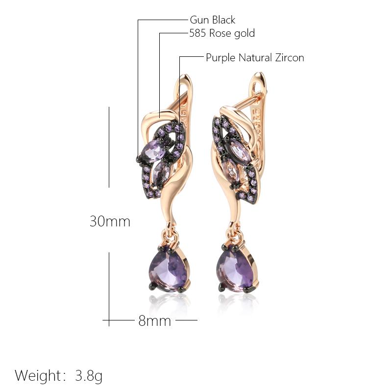 Purple Natural Zircon Long Drop Earrings For Women Unique  Rose Gold And Black Plating Vintage Wedding Jewelry