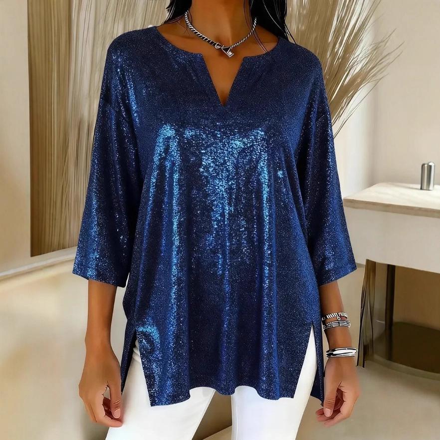 2025 Women's Shiny V-Neck Loose Split Sleeve Top