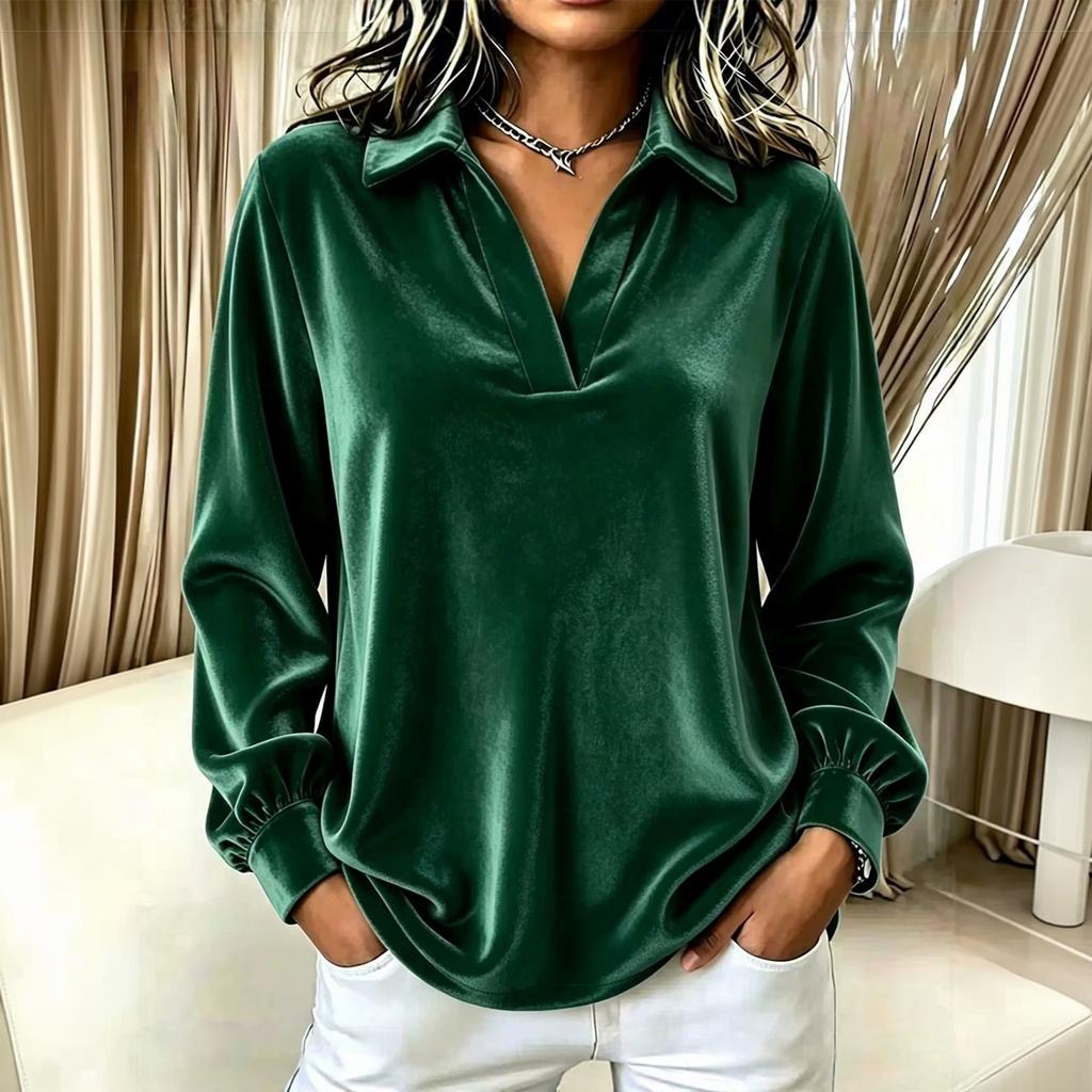 Women's Color V-Neck Long Sleeve Loose Pullover Top with Lapel Collar