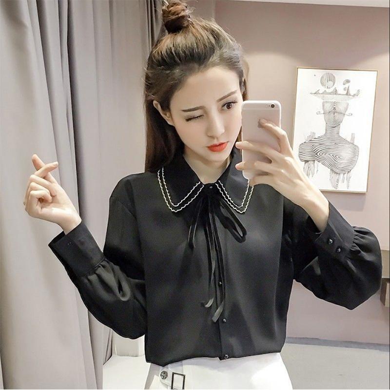 Loose All-match Solid Color Student Bow Chiffon White Shirt Ladies Long-sleeved Bottoming Shirt Commuting