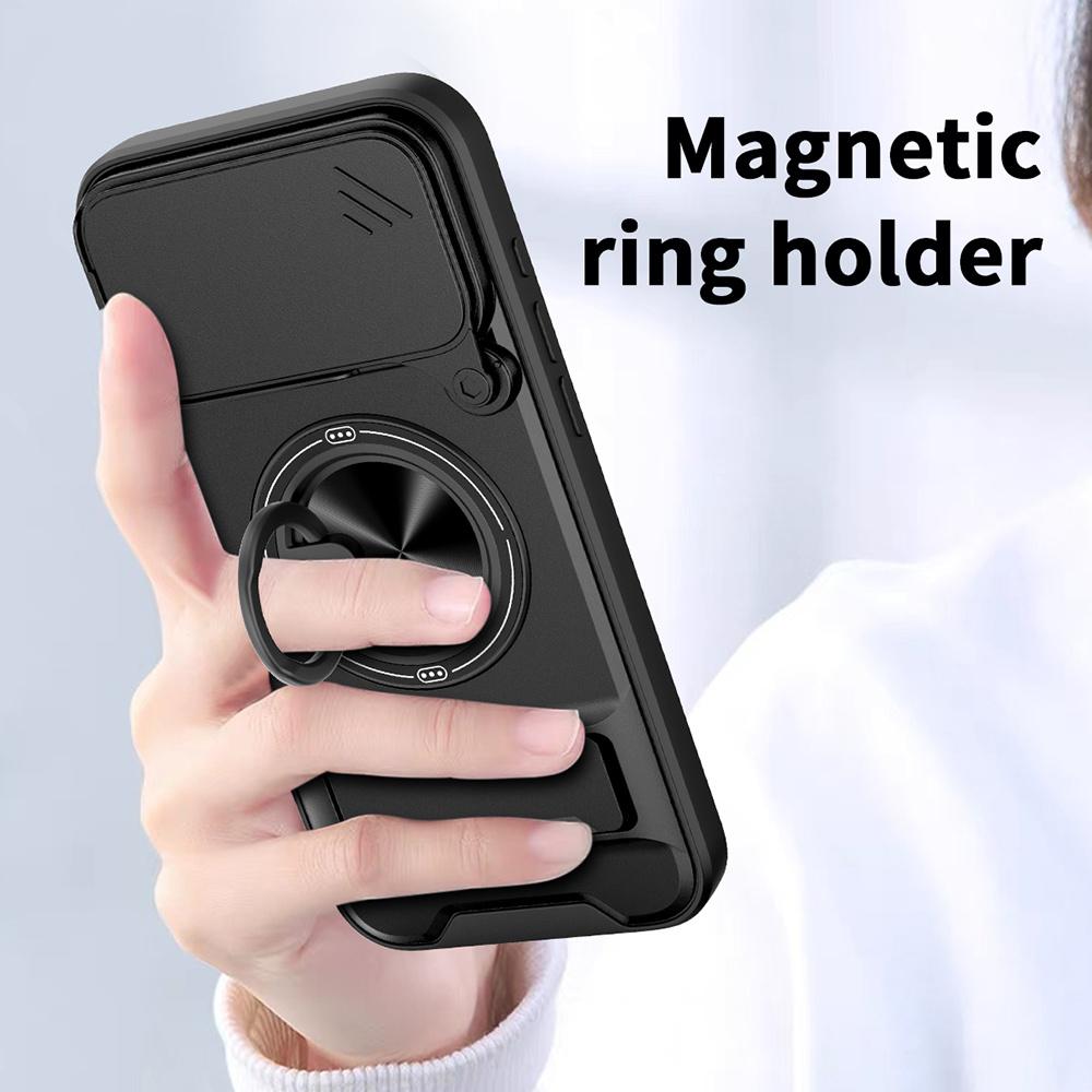 For iPhone 17 Pro Max Case Compatible with MagSafe Ring Holder Foldable Kickstand TPU PC Phone Cover with Camera Lens Slider