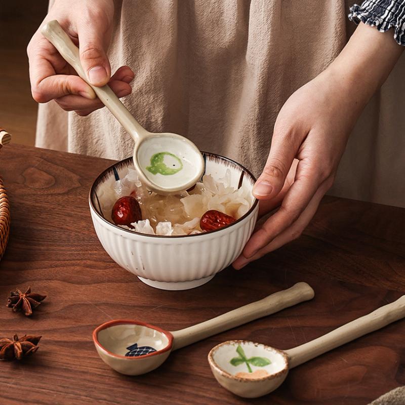 Ceramic Small Soup Spoon Japanese Style Stoneware Spoon Long Handle Spoons Household Cute Creative Spoons Kitchen Tableware