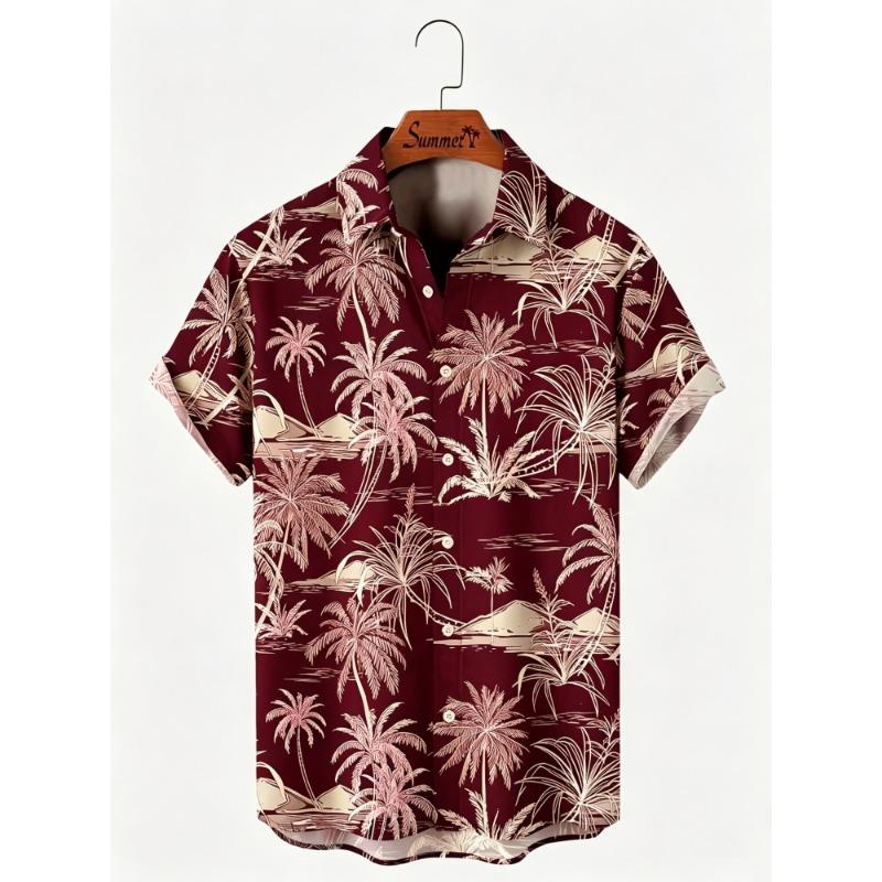 Men's Hawaiian Style Island Coconut Tree Short Sleeved Shirt with Full Print Collar Buttons, Beach Vacation Shirt