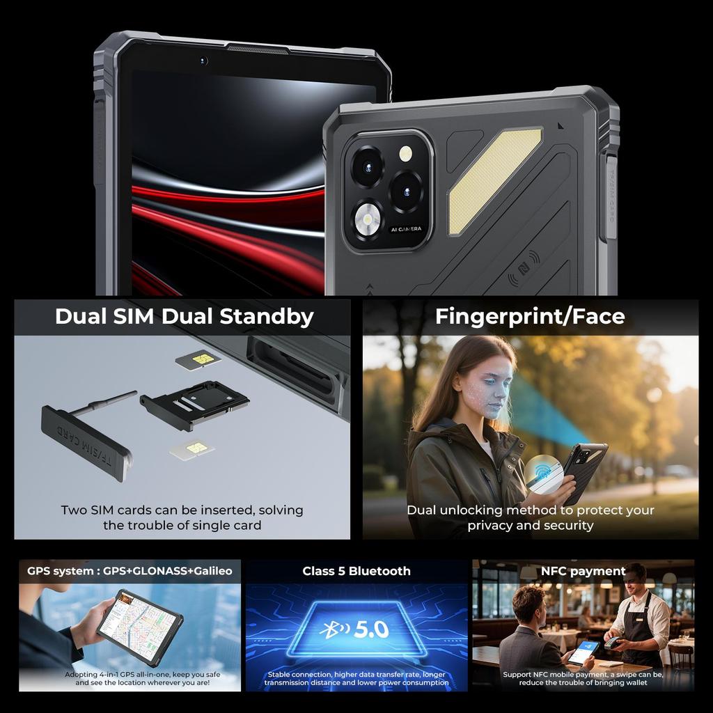 HOTWAV Tabletă de exterior R11 Pro, 8,7 inchi, tabletă portabilă, Android 16, 10150mAh, 24GB+256GB, Cu stylus, OTG/GPS/NFC/Face ID, Negru