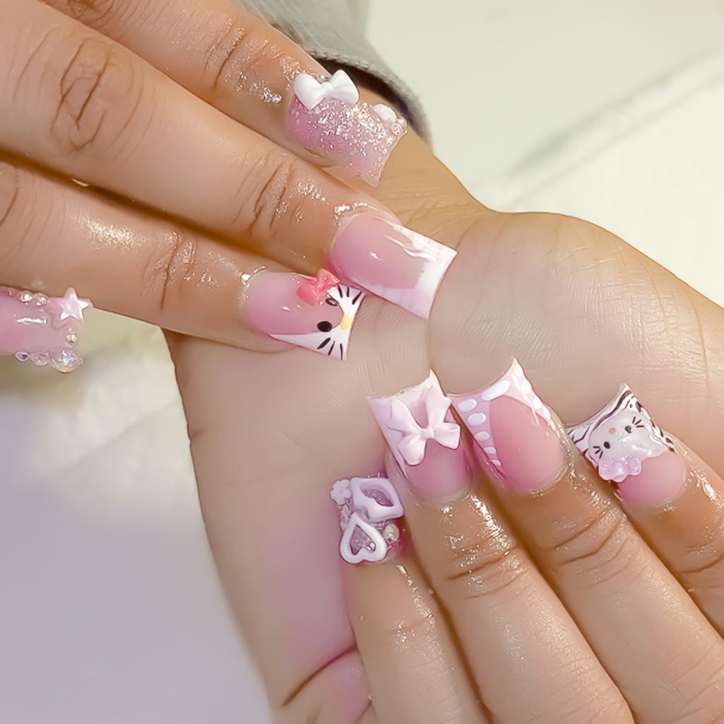 24Pcs Japanese Style Pink Cat Bow Fake Nails for Women