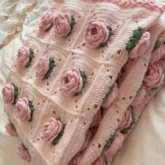 Yousheng DIY Crochet Rose Flower Blanket Kit Handmade Yarn Knitting Floral Throw Blanket Mother's Day Valentines Day Birthday Women Beginner Gift