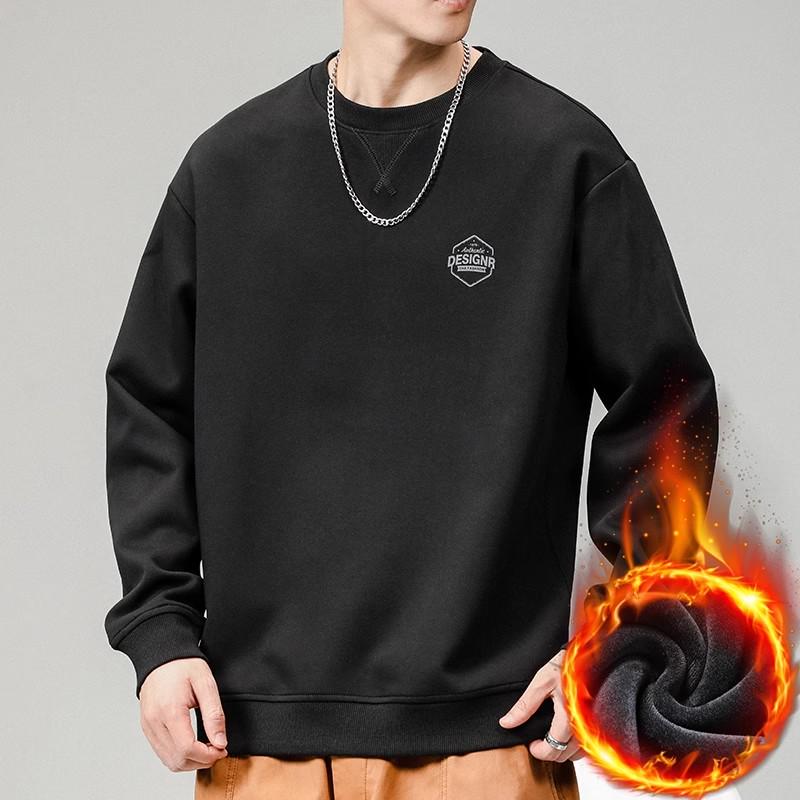 Men's Plus Velvet Warm Round Neck Hoodie - Autumn/Winter Style Long Sleeve Base Layer for Teens