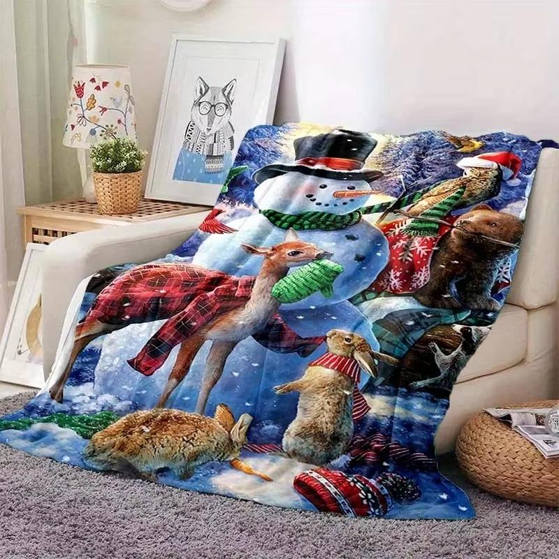 Coperta con Motivo Pupazzo di Neve e Animali Natalizi - Morbida Accogliente Poliestere per Tutte le Stagioni Casa Esterno Plaid Regalo per Famiglia o Amici