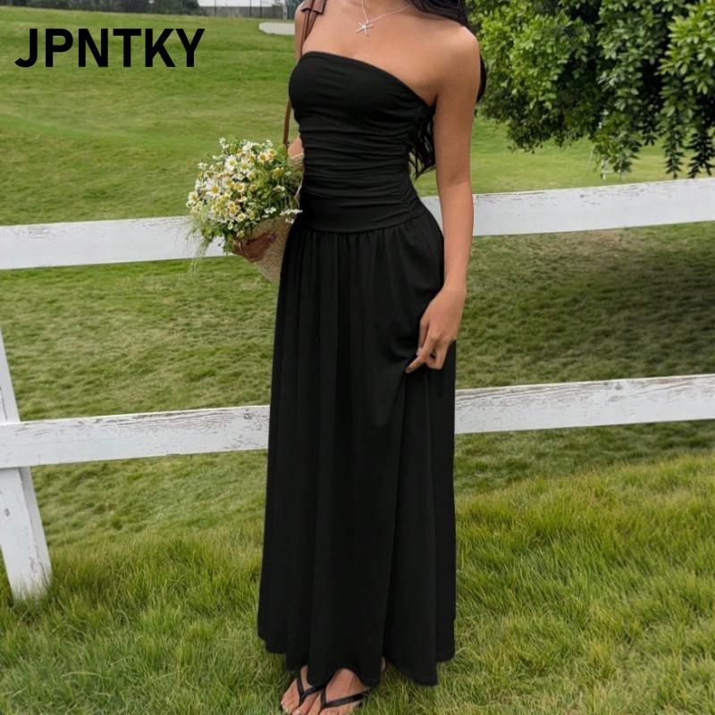 JPNTKY Modne Letnie Wiosenne Jednokolorowe Drukowane Bezrękawniki Codzienne Sukienki