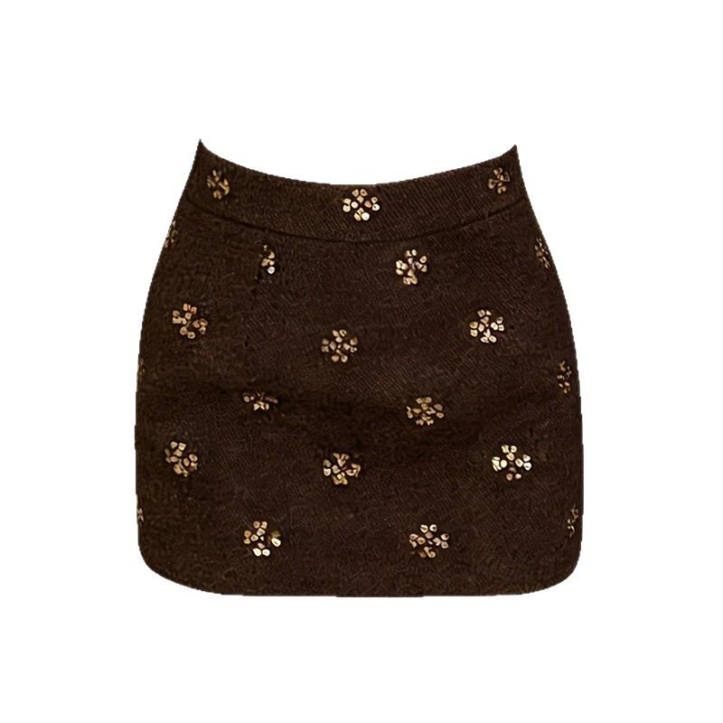 Elegant Winter A-line Wool Midi Skirt - French Chic Floral Design, Slimming Hip-Hugging Fit Extra Large темный кофе