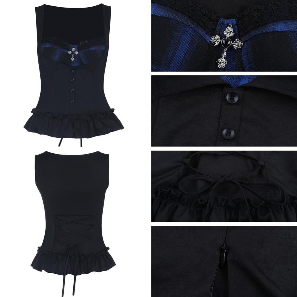 Sivrusn Gothic Lolita Black and Blue Halloween Idol Mini Harajuku Sweet Mori Princess JSK Fancy Stage Live M Dress, Check, Cosplay, Costume,