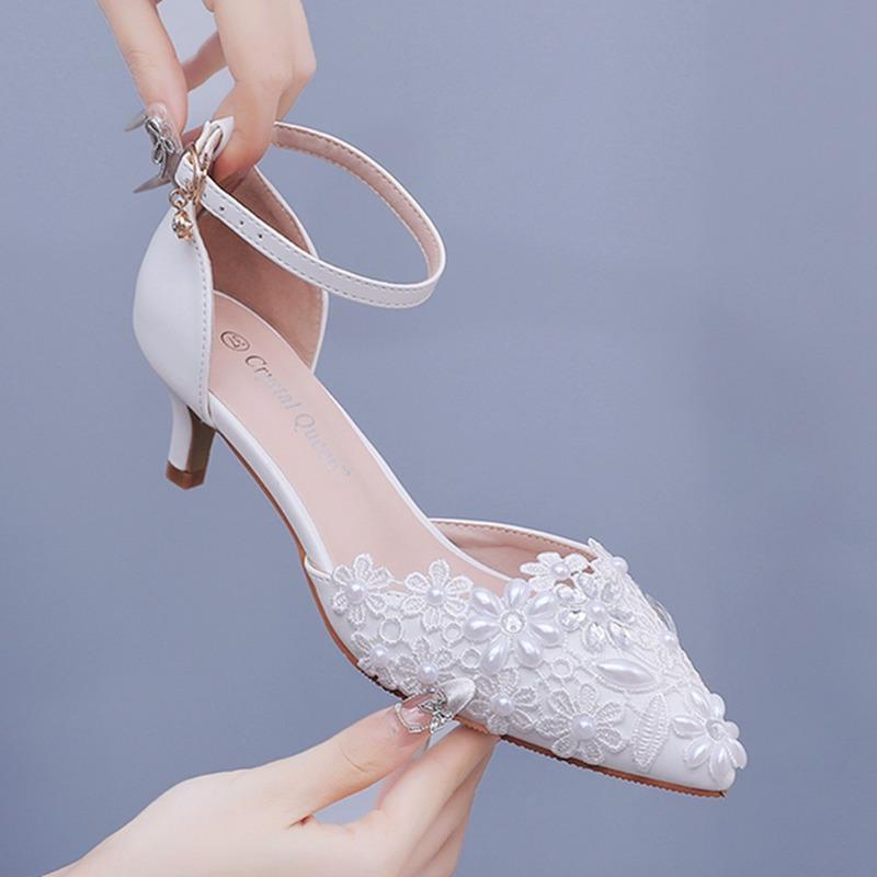 5cm Plus Size Sandals with Thin Pointed White Lace Rhinestone Wedding Shoes with Pearl Bridal Dress Shoe
