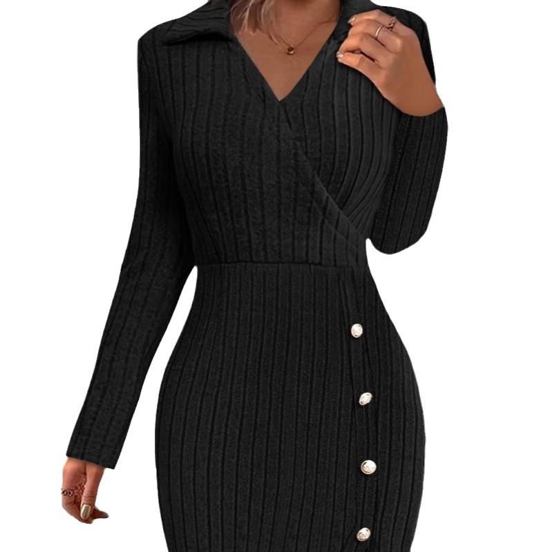 Women's Autumn and Winter Solid Color Long-sleeved V-neck Tight-fitting Short Dress