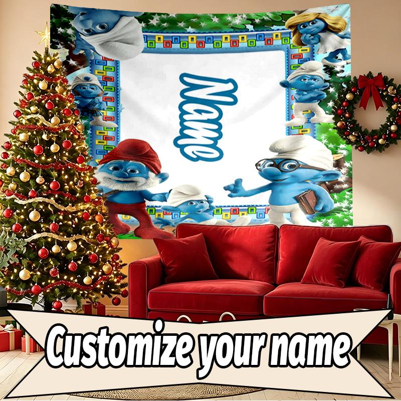Custom Name Personalized Blue Smurfs Print Tapestry, Wall Art Decor, Bedroom, Dorm, Apartment, LivingRoom, Party Backdrop, Gift for Birthday