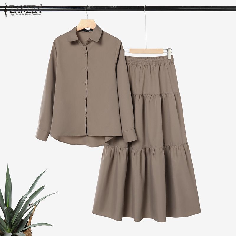 ZANZEA Damen Langarmbluse und Lange Röcke Lässige Zweiteiler Anzugsets