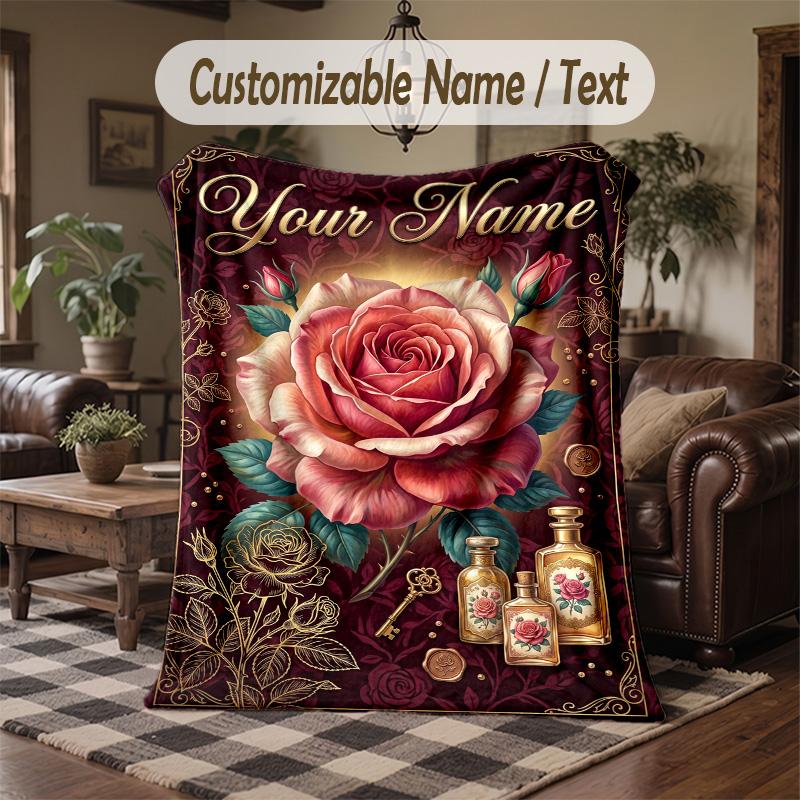 Roses Elegance Theme Throw Blanket Custom Name Text Personalized Blanket Soft Cozy Blanket for Home Sofa Bed