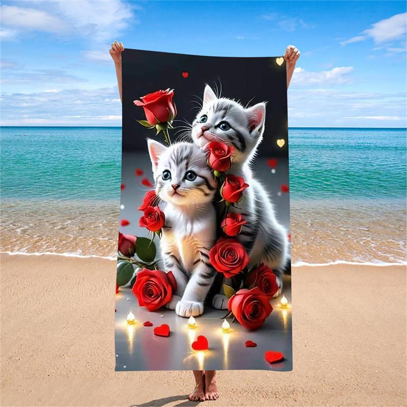 

1PC Rose Kitty Heart Beach Towel Quick Dry Bath Towel Beach Vacation Photography Essential Lightweight Soft Fabric W40*H60(CM)