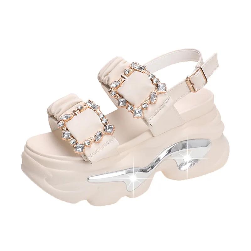 Female Sandal High Heels Black Shoes for Women Muffins Shoe Buckle Strap 2025 Summer Open Toe Girls Rhinestone High-heeled Beige