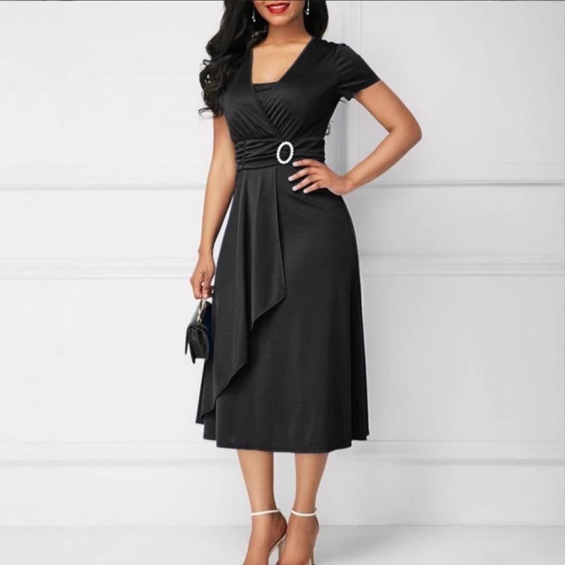 2025 Fashion Temperament Commuter Solid Color Asymmetric Large Skirt V-neck Milk Silk Dress