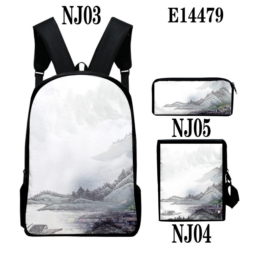 Popular Chinese style ink painting 3D Print 3pcs/Set School Bags Laptop Daypack Backpack Inclined shoulder bag Pencil Case