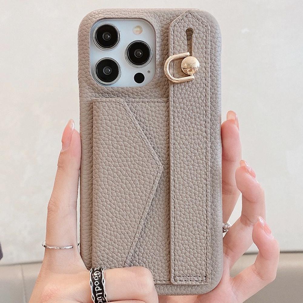 

For iPhone 16 Pro Max Case Wristband Kickstand Card Slot PU Leather+PET Phone Cover Grey