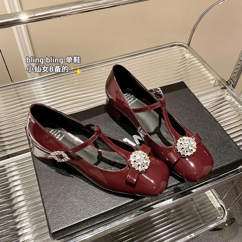 Spring 2025 new Mary Jane shoes fairy rhinestone bow French leather T-shaped shoes with thick heels