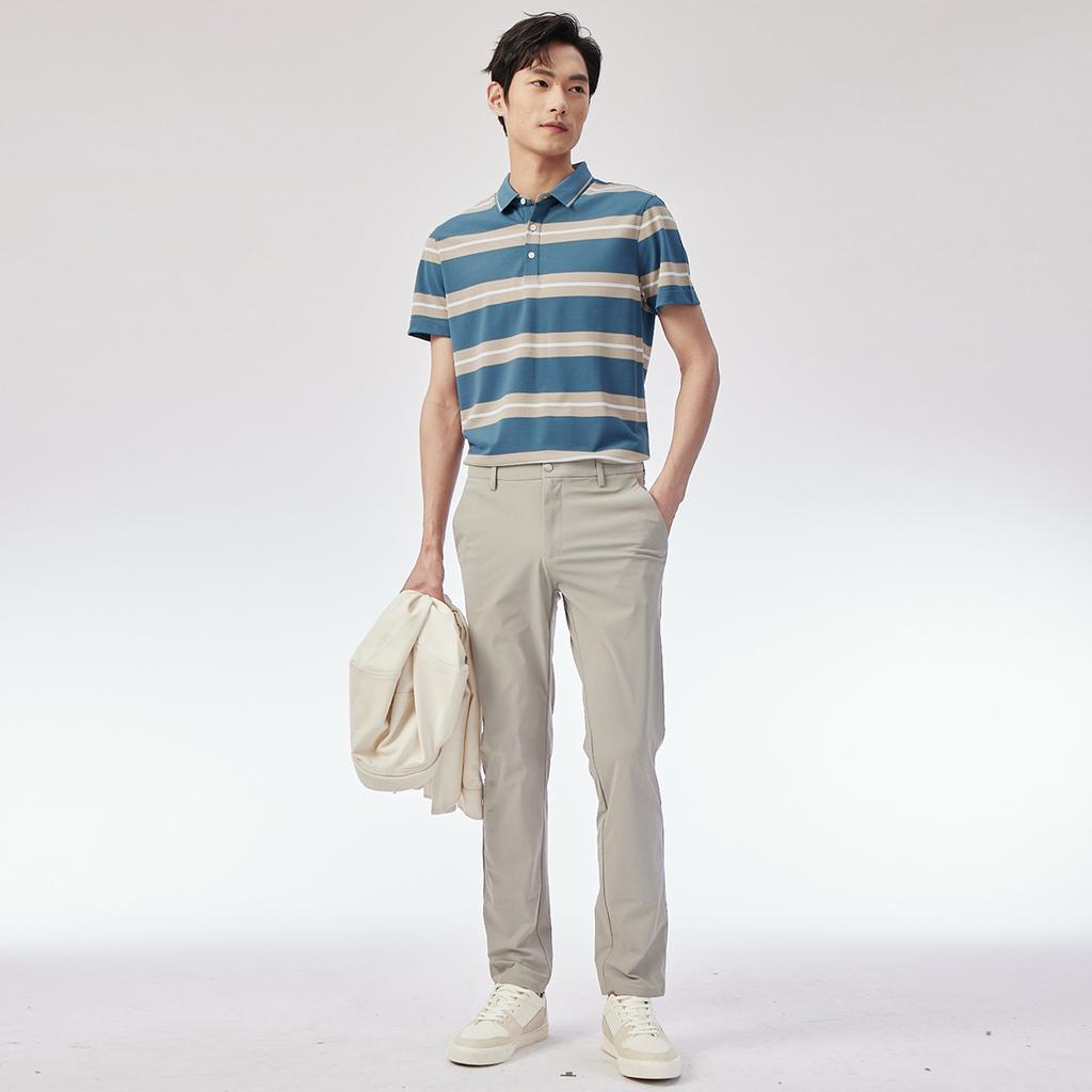 Father's Outfit Men's Short Sleeved Polo Shirt Striped Lapel T-shirt with Mulberry Silk