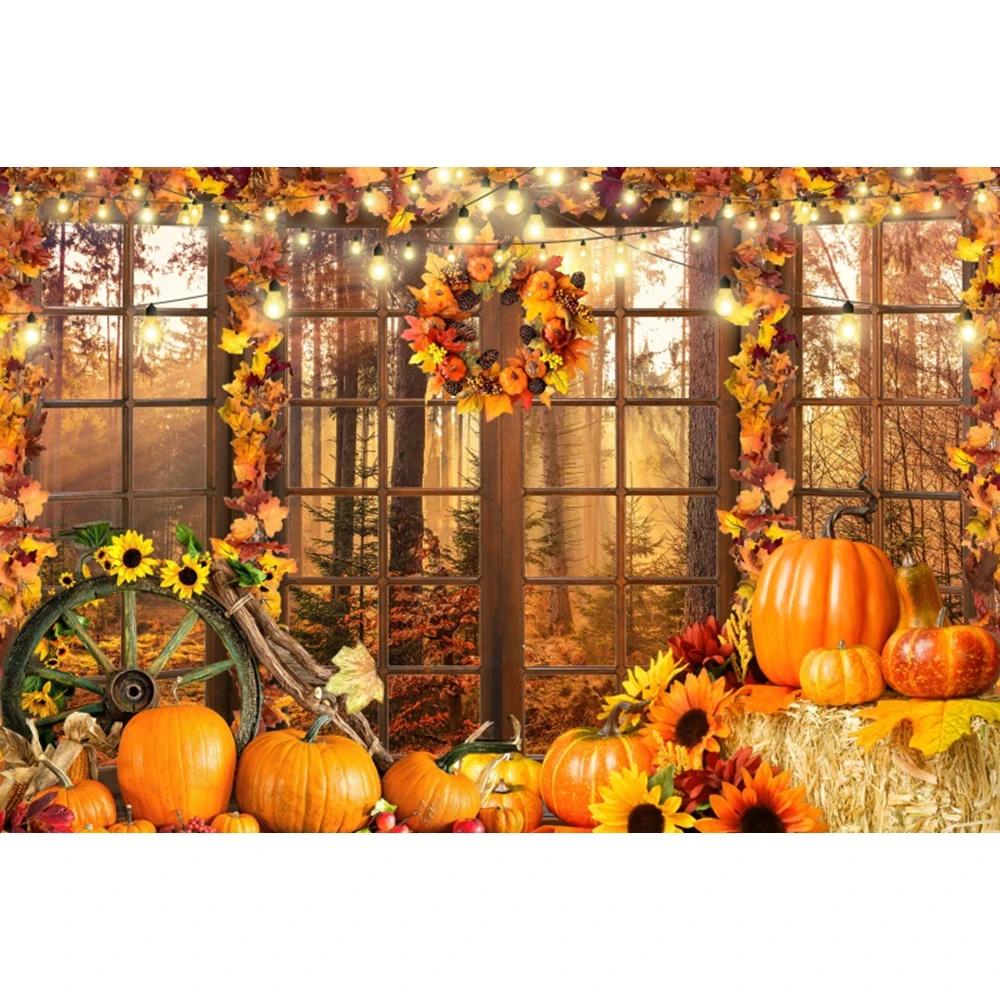 Autumn Forest Window Photography Backdrop Fall Maple Leaves Pumpkin Harvest Thanksgiving Kids Portrait Photo Background Decor