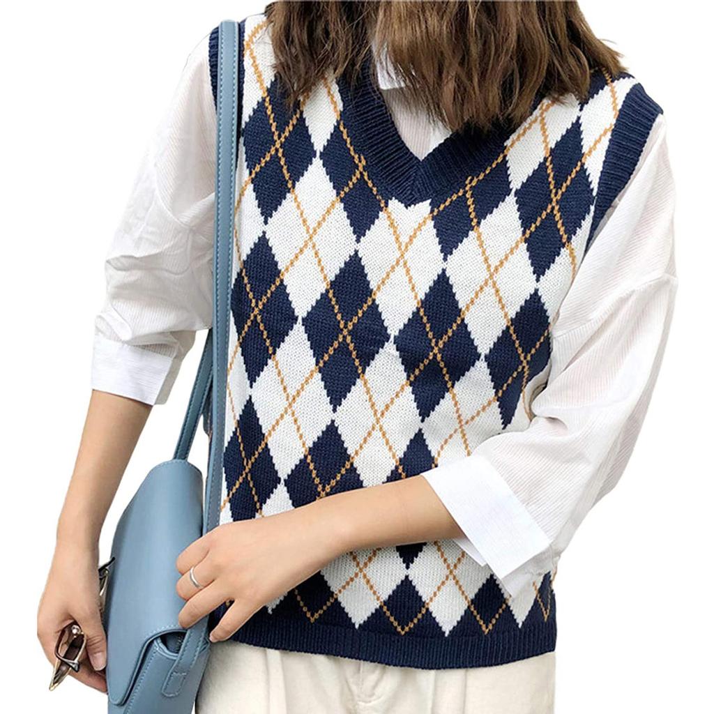 Women Streetwear Preppy Style Knitwear Tank V Neck Argyle Plaid Knitted Sweater