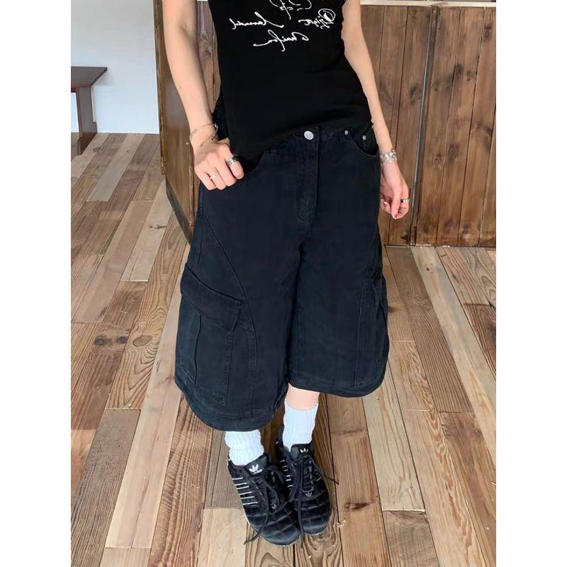 

Plus size American vintage Deconstruction Multi-pockets Denim Overalls Men and Women Summer Fashion Brand Loose Wide Leg Cropped Shorts Black 2XL [Recommended 67.5-77.5kg]