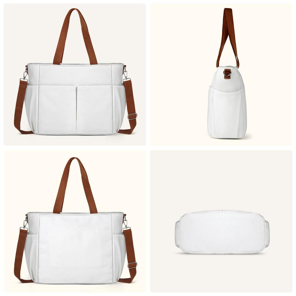 NUBILY Canvas Tote Bag, Shoulder Bag for Men and Women, Large Capacity, Solid Color, Canvas Tote Bag, Crossbody Bag, for Commuting, School, White